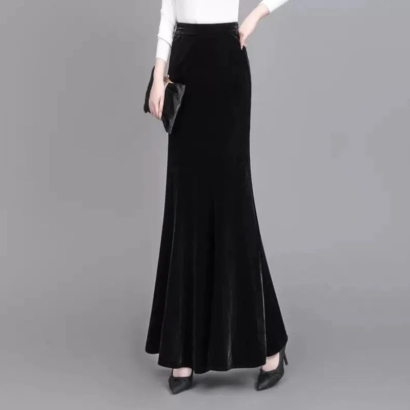Extended Gold Velvet Skirt Fishtail Skirt Autumn and Winter Slim Tall Person with Hip-covered Long Skirt Female Temperament